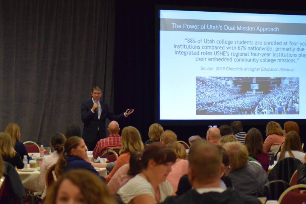 UVU President Holland speaks about the importance of higher education at the USHE Counselor Conference on Sept. 29, 2017.