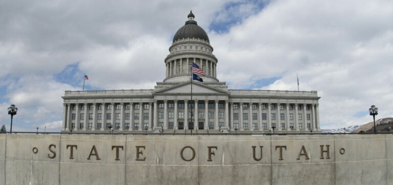 Utah State Capitol building on a cloudy day.