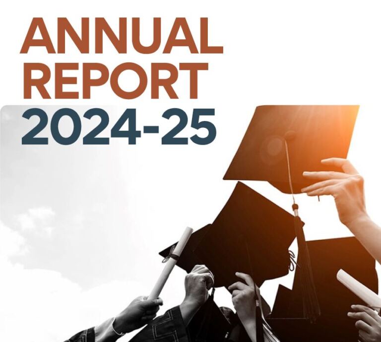 Arms of students lifting graduation caps with the words "Annual Report 2024-24"