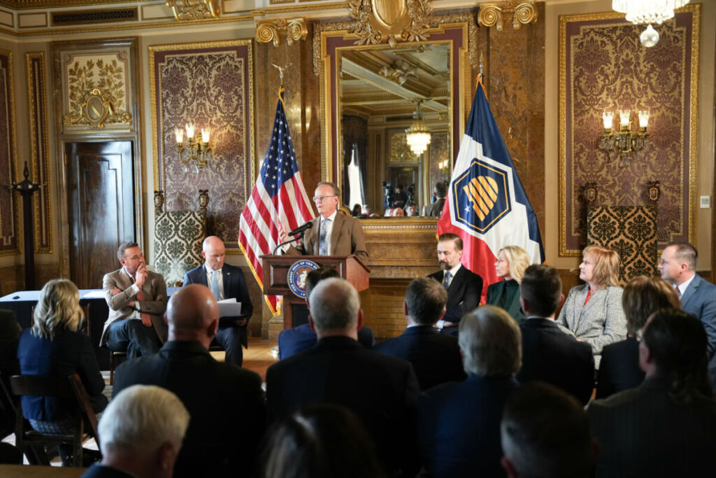 Senate President Stuart Adams speaking at the signing event
