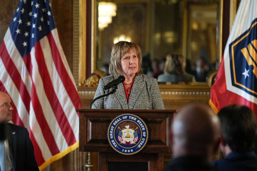 SUU President Mindy Benson speaking at the signing event