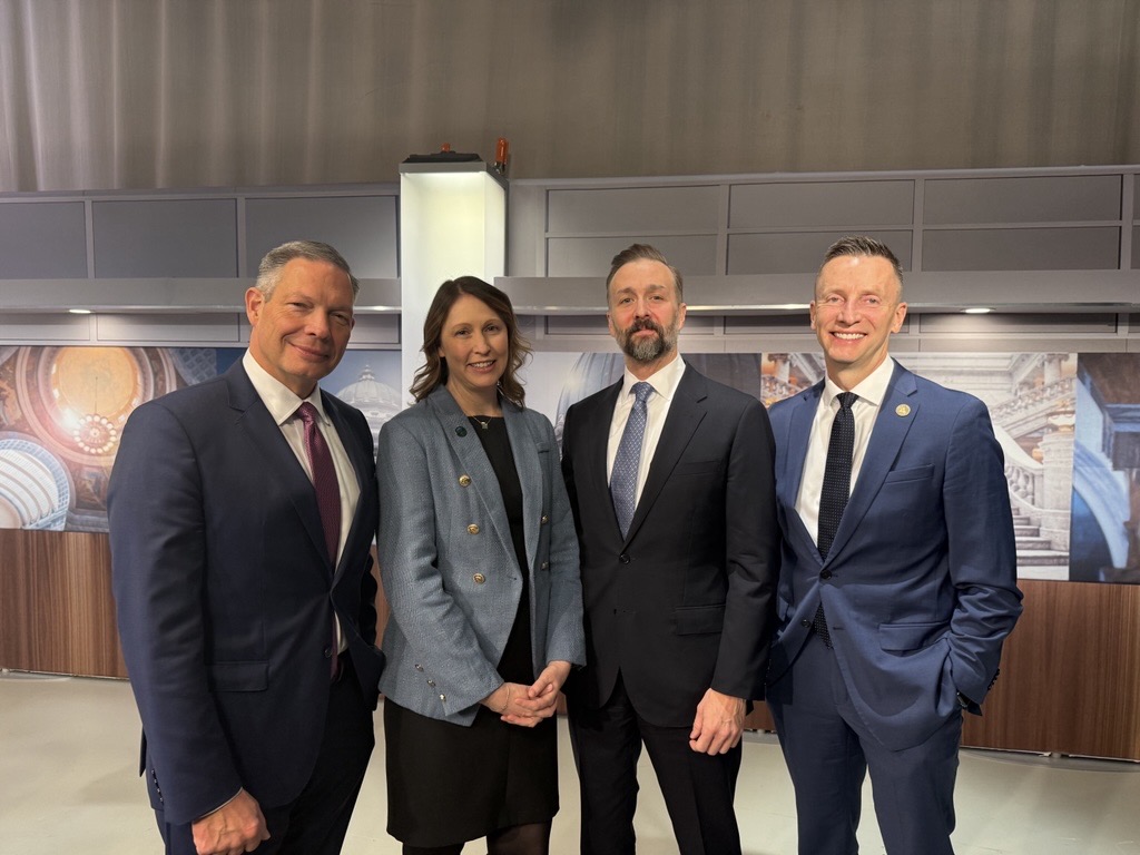 Hinckley Report host Jason Perry, Representative Karen Peterson, Commissioner Geoffrey Landward, and Utah State University Brad Mortensen at the PBS Utah studios